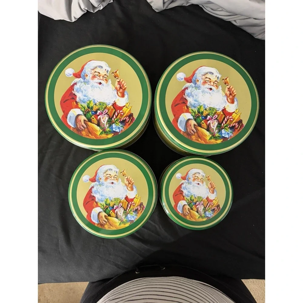 Vintage Santa Claus Nesting Tin‎ Set 4 Made In Hong Kong Christmas Cookie Tins